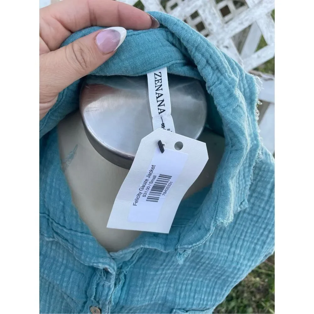 Zenana Blue Felicity Gauze Button Down Shacket Jacket Small Boutique New